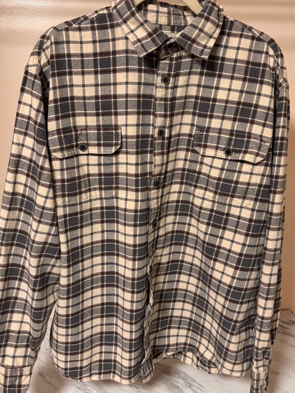 Jachs Plaid Flannel Shirt in Cream, Gray & Brown Stripes